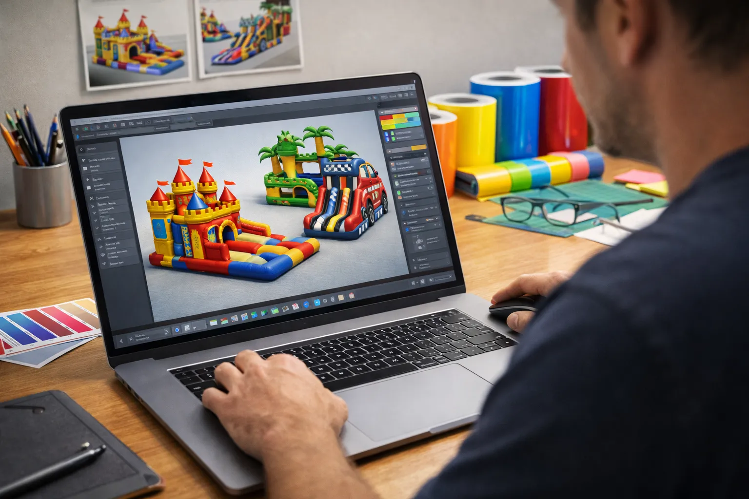 3D design nafukovacích atrakcí REATEK – zakázkový návrh barev, potisku a vzhledu podle zadání klienta