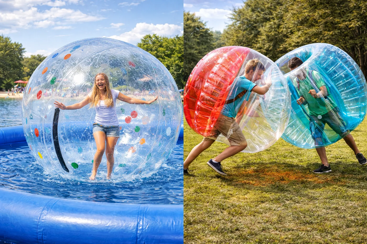 Aquazorbing na vodě a body zorbing na trávě jako zábavná atrakce pro koupaliště, eventy a sportovní areály