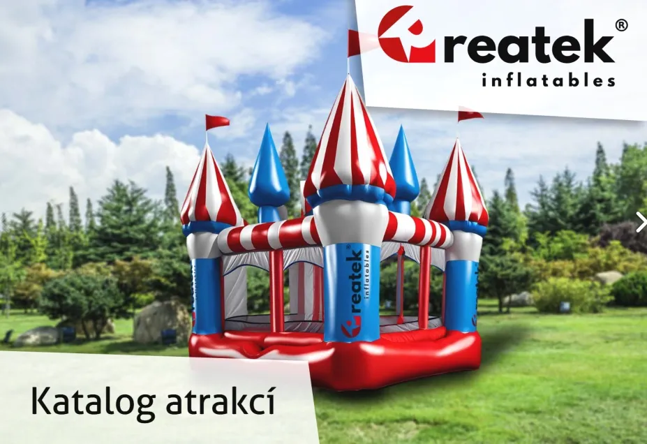 Katalog nafukovacích atrakcí REATEK s nafukovacím hradem pro eventy, obce, města, dětské dny a firemní akce