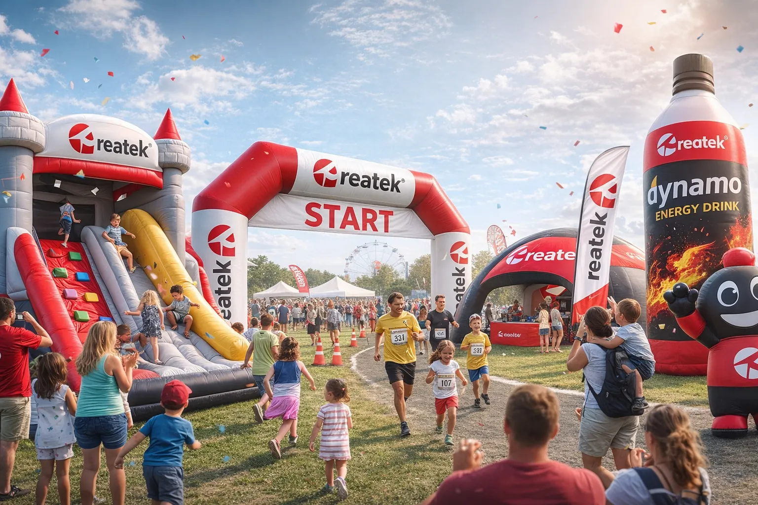 REATEK nafukovací atrakce a reklamní nafukovadla na eventu s návštěvníky a rodinnou atmosférou