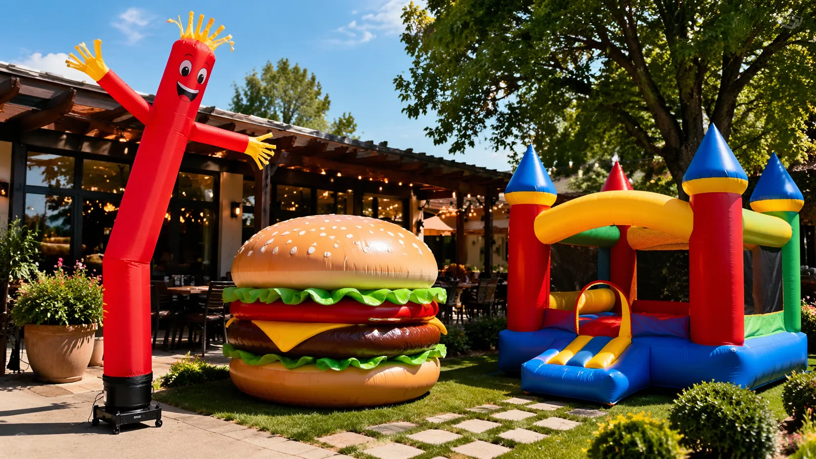 Nafukovací atrakce pro family friendly provozovny – skákací hrad, reklamní air dancer a nafukovací hamburger pro restaurace, kavárny, cukrárny a pizzerie