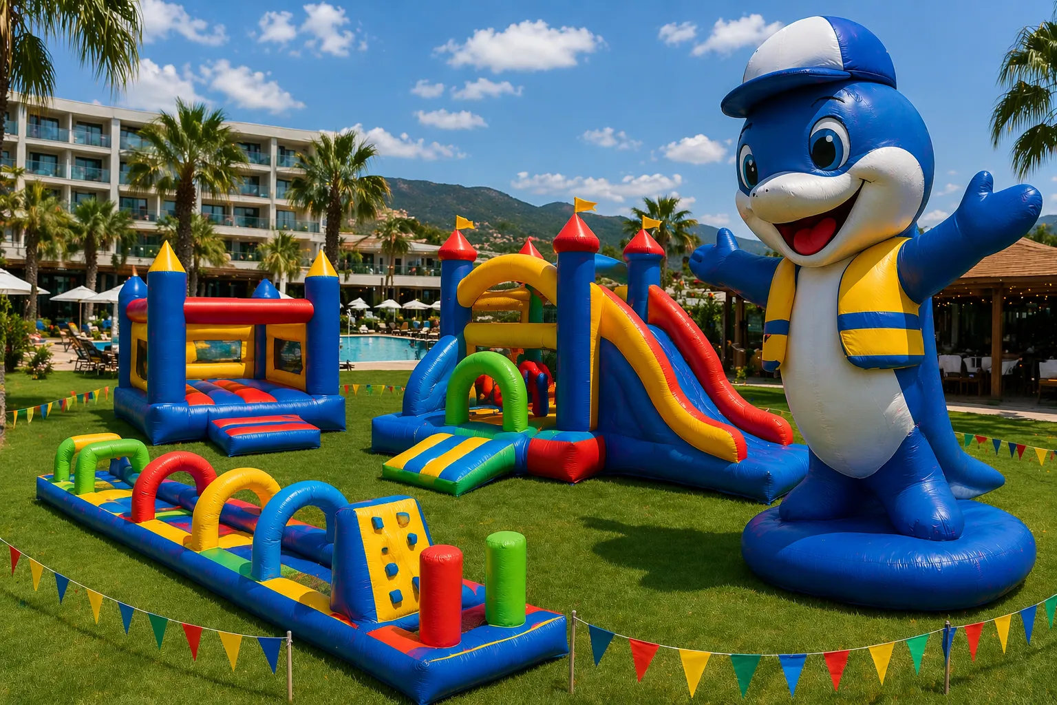 Nafukovací atrakce pro hotely a penziony – skákací hrad, nafukovací skluzavka, dětská překážková dráha a reklamní maskot v rodinném resortu