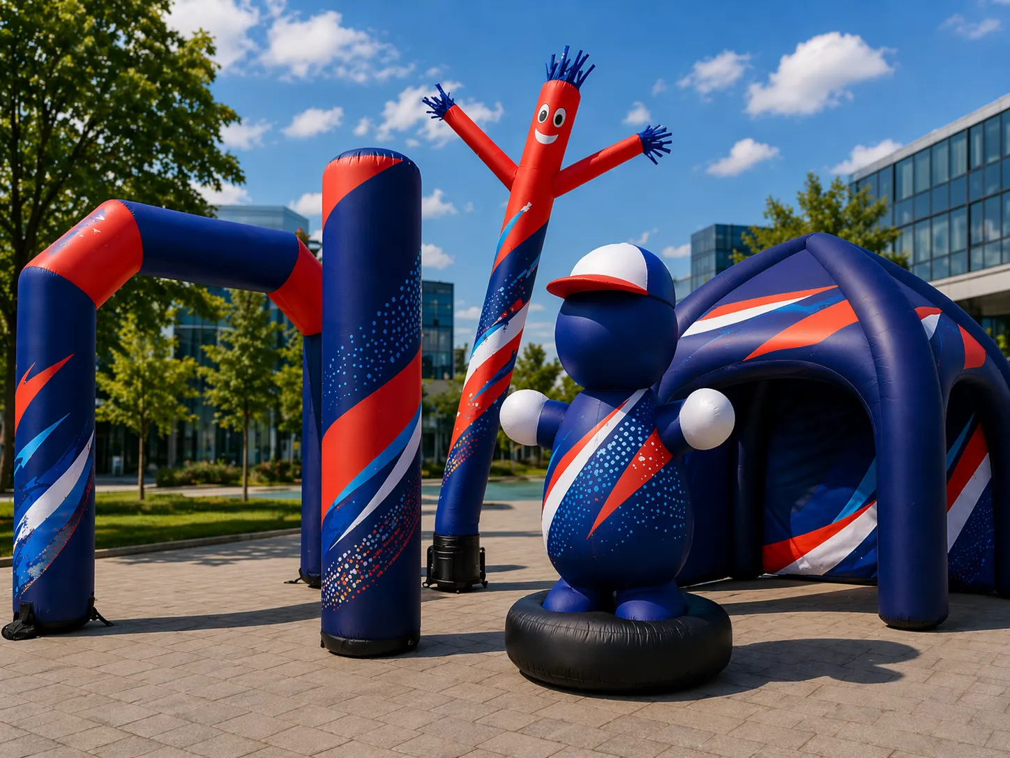 Nafukovací atrakce pro reklamní agentury – reklamní oblouk, event stan, air dancer, nafukovací sloup a brandovaný maskot pro promo akce a eventy