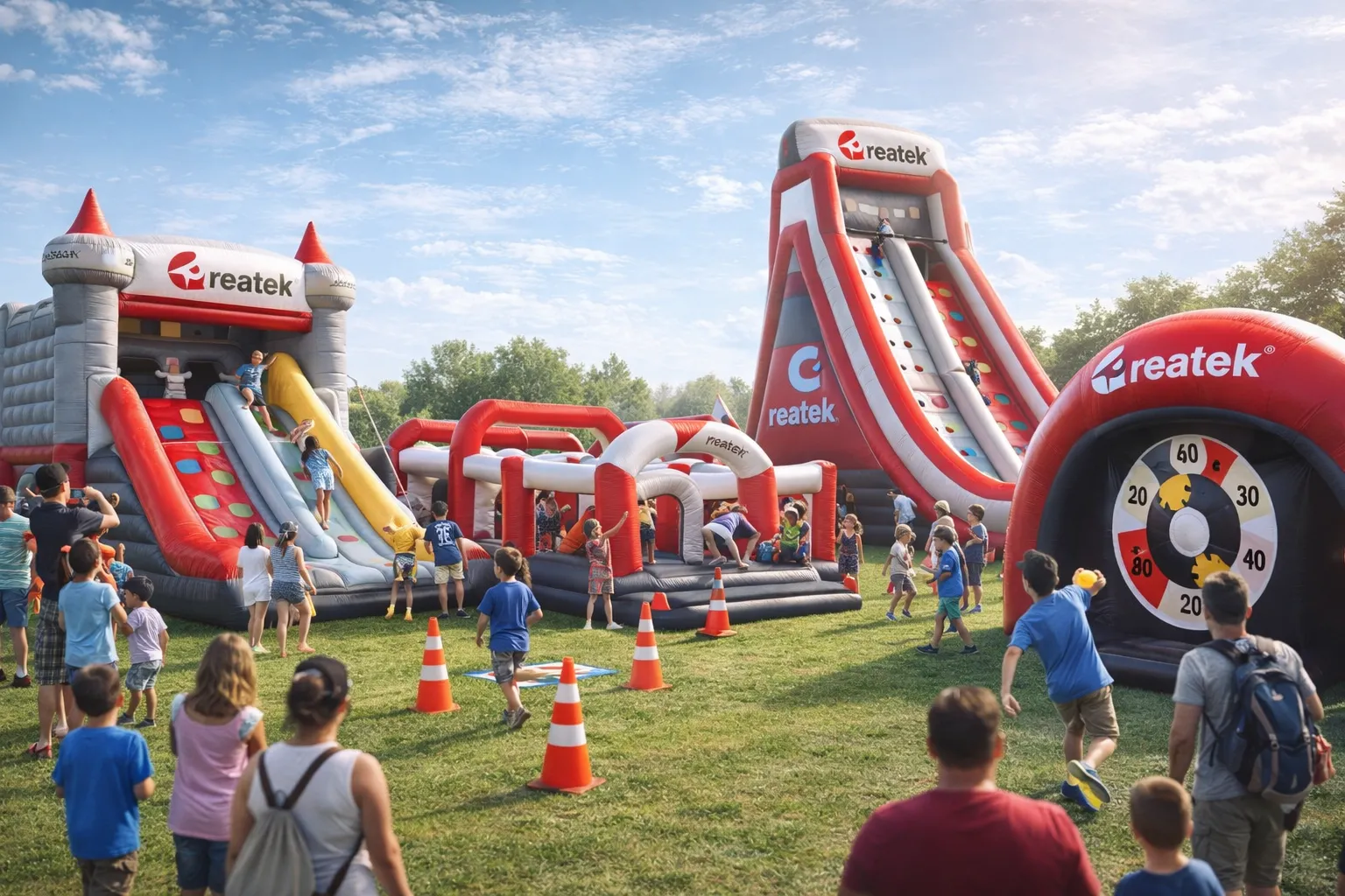 Nafukovací atrakce REATEK na eventu – nafukovací hrad, skluzavka, překážková dráha a sportovní atrakce s firemním brandingem