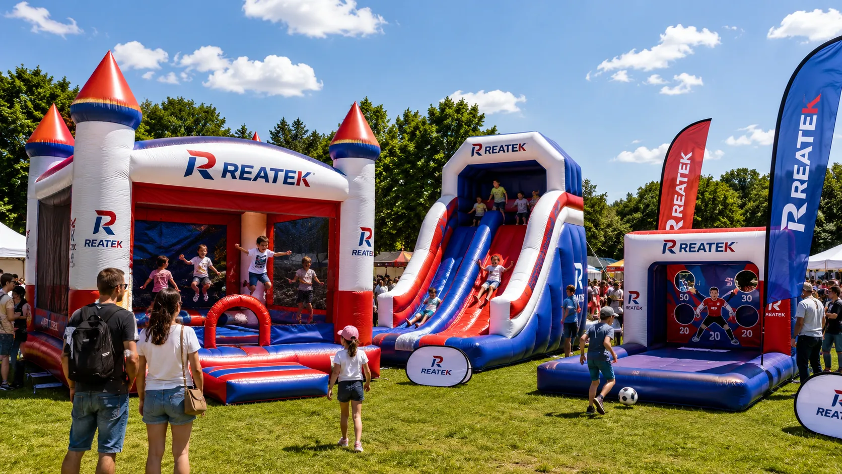 Brandované nafukovací atrakce REATEK s logem pro firemní akce, festivaly, promo kampaně a eventy