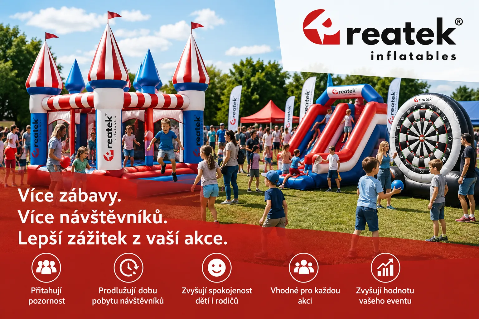 Nafukovací atrakce REATEK na venkovním eventu s dětmi, skluzavkou, skákacím hradem a sportovní atrakcí pro zvýšení hodnoty akce