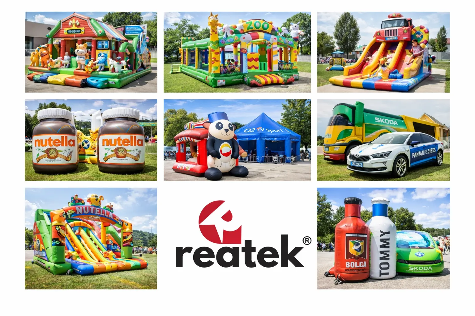 Koláž referencí REATEK zobrazující nafukovací atrakce a nafukovací reklamu pro komerční a reklamní využití