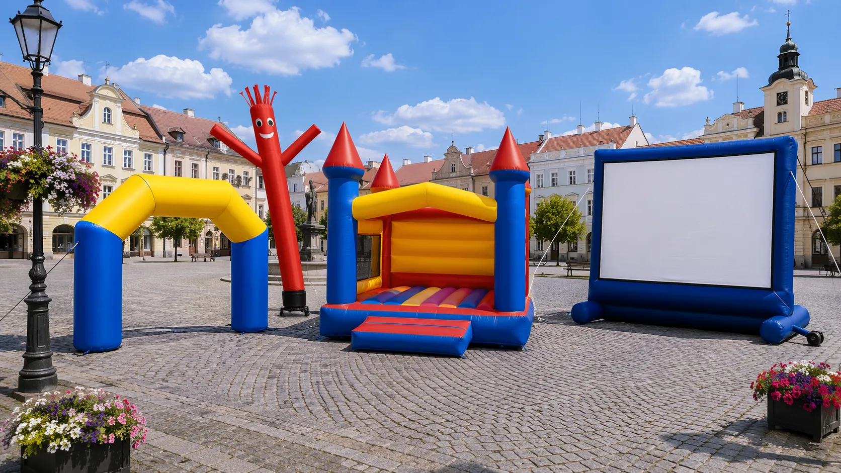 Zábavní atrakce pro organizace a občanská sdružení – nafukovací oblouk, skákací hrad, air dancer a nafukovací promítací plátno pro veřejné akce a kampaně